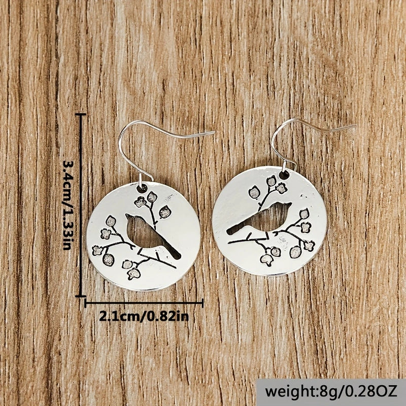Retro Round Flower And Bird Pendant Earrings For Women