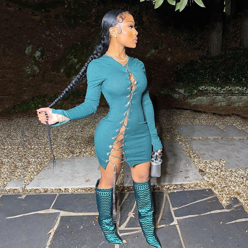 Women's Chain Lace-up Cutout Sexy Dress