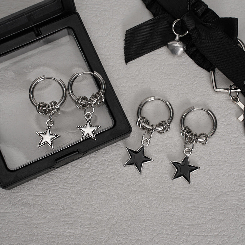 Punk-style Stainless Steel Double-circle Ear Cuffs With A Five-pointed Chic Minimalist Star Pendant Earrings