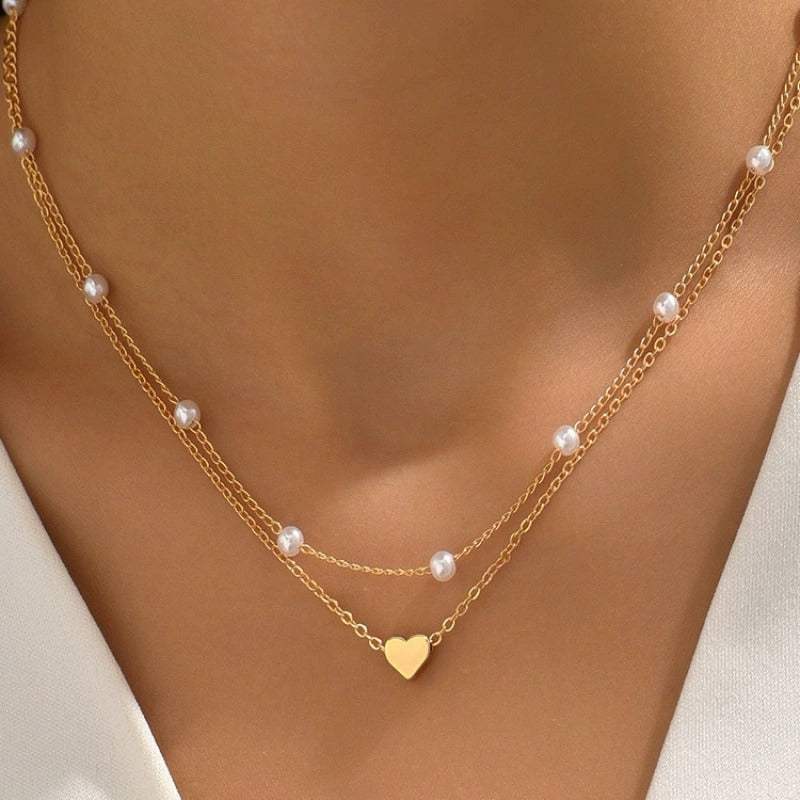Pearl Heart Double-Layer Necklace Light Luxury Niche Design