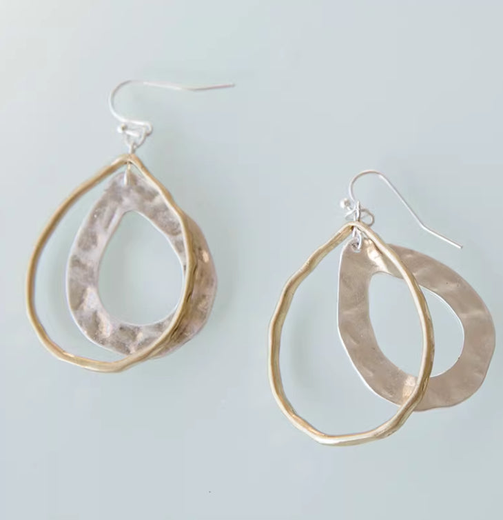 Womens Minimalist Feng Shui Drop-Shape Metal Double-Layer Earrings With Water Ripple Design