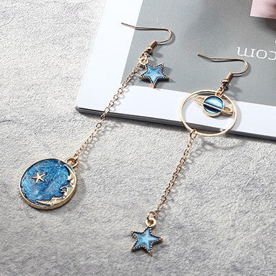 Blue Long Tassel Asymmetric Planet Earrings