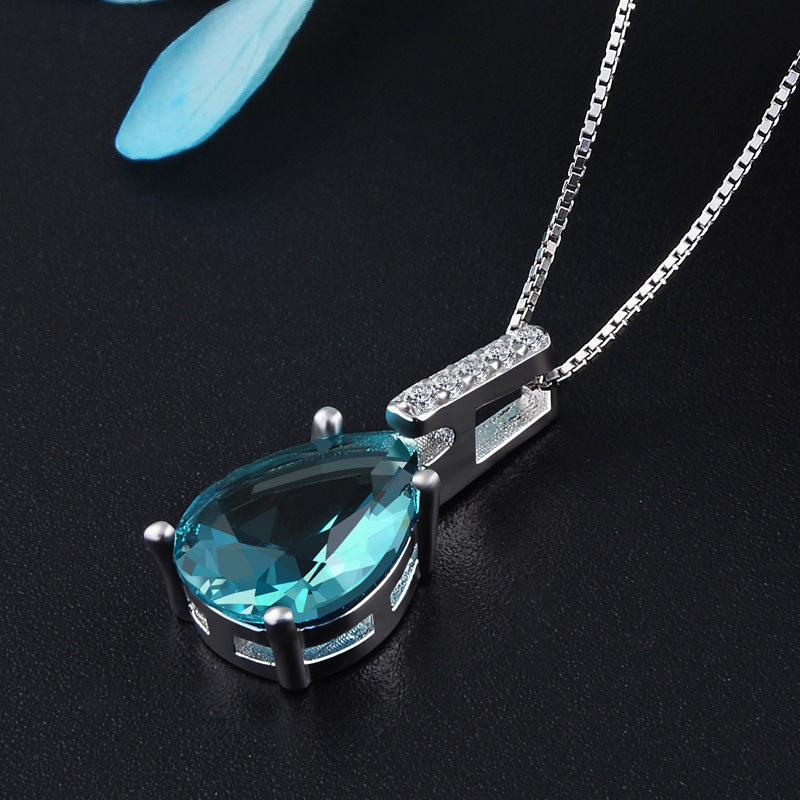 Blue Crystal Pendant Water-drop Pear-shaped Carat Necklace