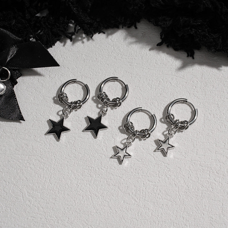 Punk-style Stainless Steel Double-circle Ear Cuffs With A Five-pointed Chic Minimalist Star Pendant Earrings