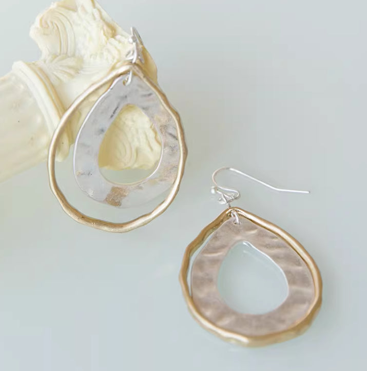 Womens Minimalist Feng Shui Drop-Shape Metal Double-Layer Earrings With Water Ripple Design