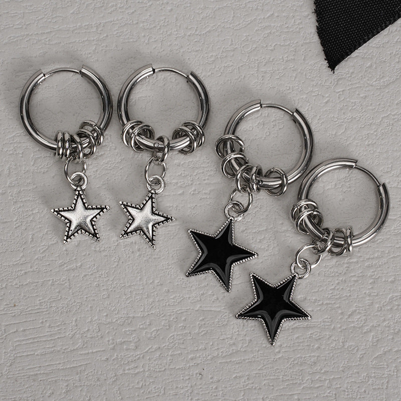 Punk-style Stainless Steel Double-circle Ear Cuffs With A Five-pointed Chic Minimalist Star Pendant Earrings